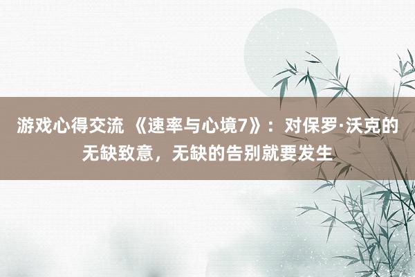 游戏心得交流 《速率与心境7》：对保罗·沃克的无缺致意，无缺的告别就要发生